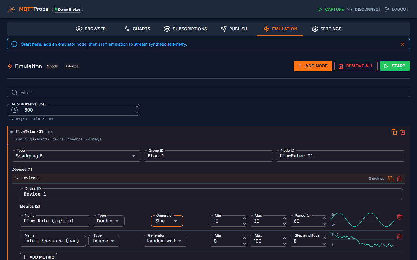 MQTTProbe built-in emulator generating Sparkplug B and MQTT traffic